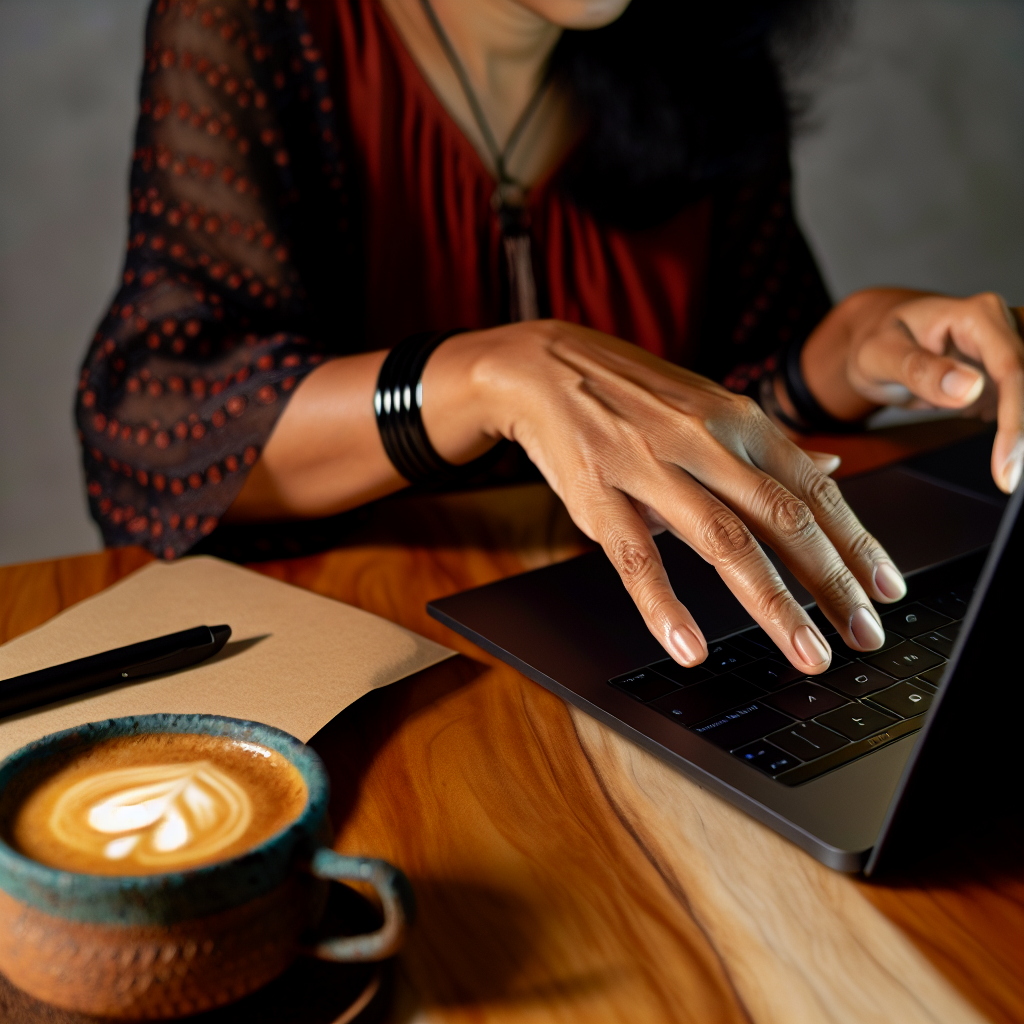 Person working on a laptop with a cup of coffee