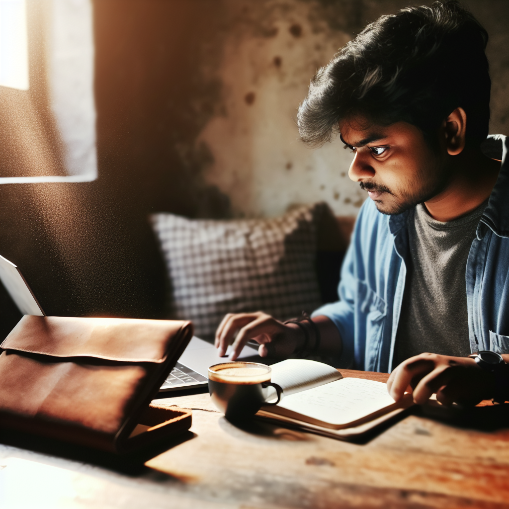 Person working on a laptop with a notebook and coffee